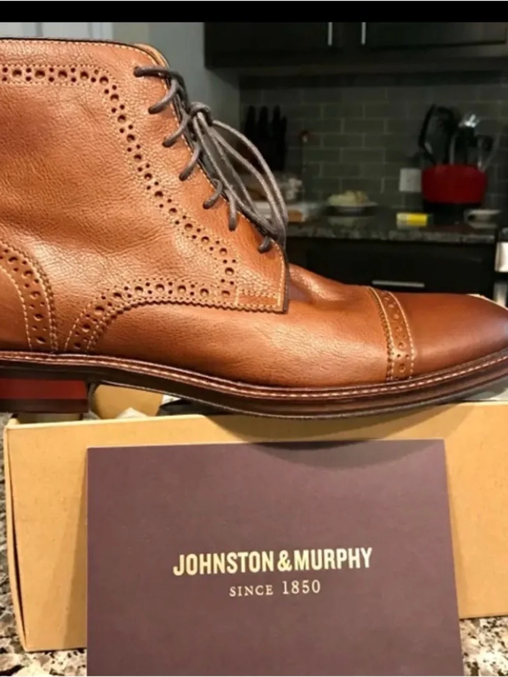 Johnston & Murphy Cognac Brown Leather Wingtip Lace-Up Boots